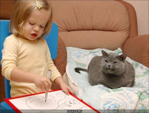 девочка рисующая кота